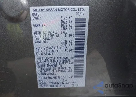 2017 Nissan Rogue Sv from USA, damaged, VIN 5N1AT2MVXHC819178